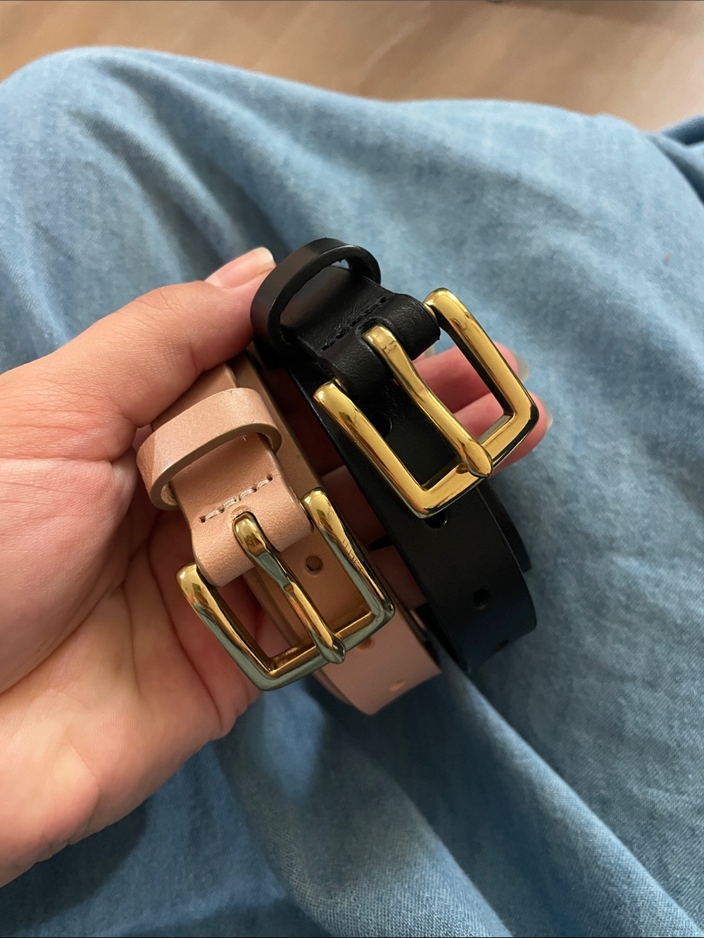 J. Crew Leather Belts in Black & Blush with Gold Buckles